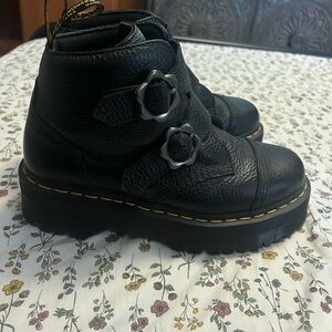 Dr. Martens Black Devon Floral Ankle Boots with Floral Buckles